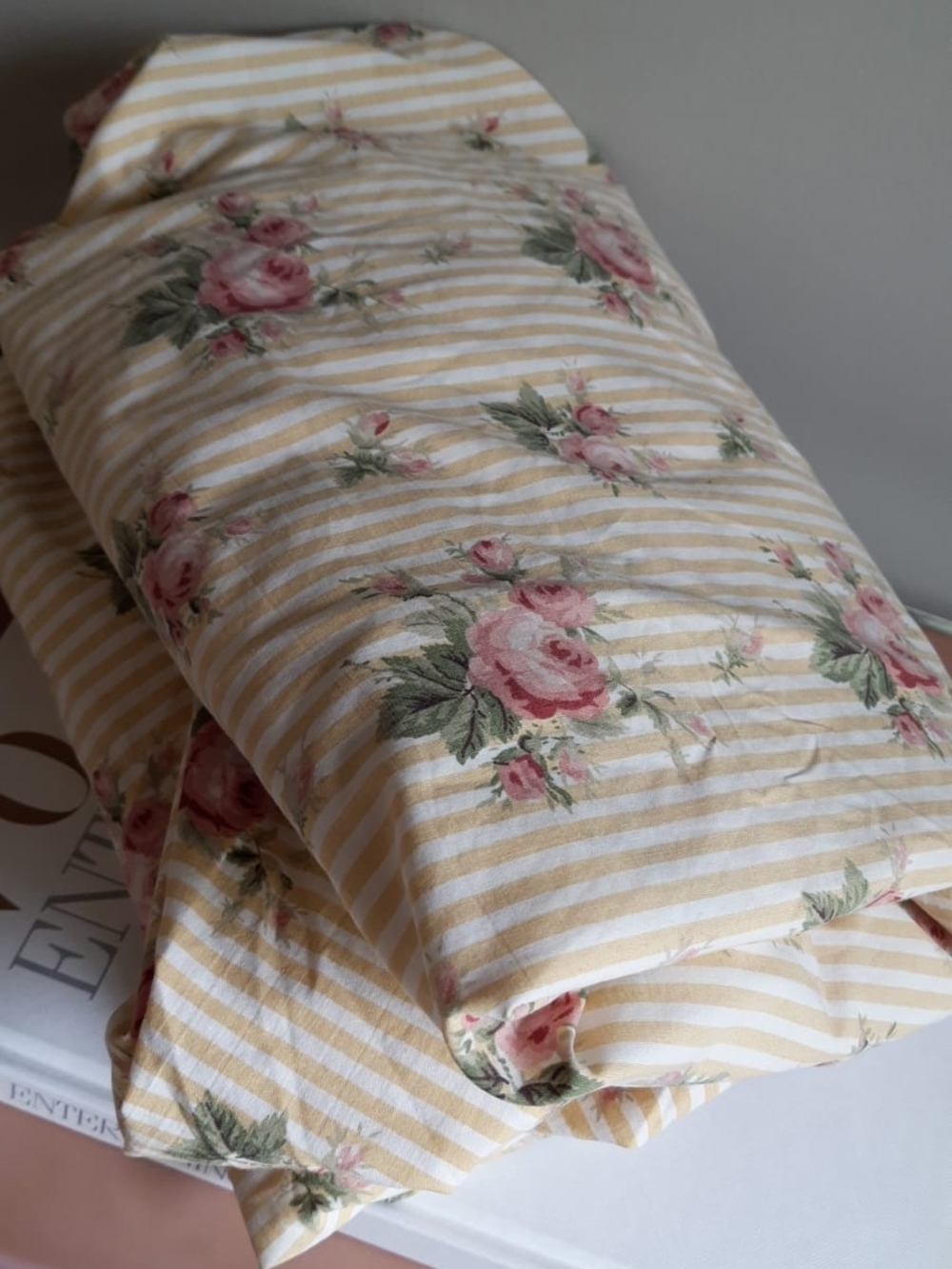 Ralph Lauren Cream & Pink Rose On Butteryellow Stripe Full Double Sheet